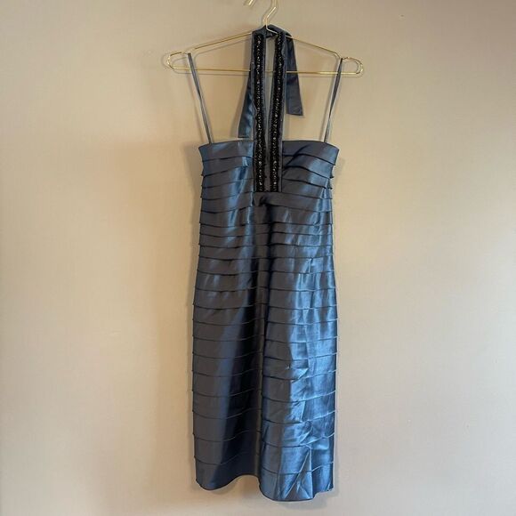 BCBGMaxAzria Blue Grey Woven Embellished Halter Dress | SZ 4 - Picture 10 of 16